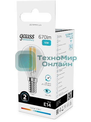 Лампа светодиодная филаментная Gauss Filament 10Вт цок.: E14 шар св. свеч. бел. нейт. (упак.: 10 шт)