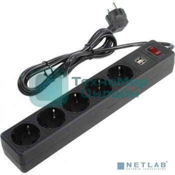 Сетевой фильтрSmartbuy SBSP-18U-K с USB, 10А, 2 200 Вт, 5 розеток, длина 1,8 м, черный (SBSP-18U-K)/45