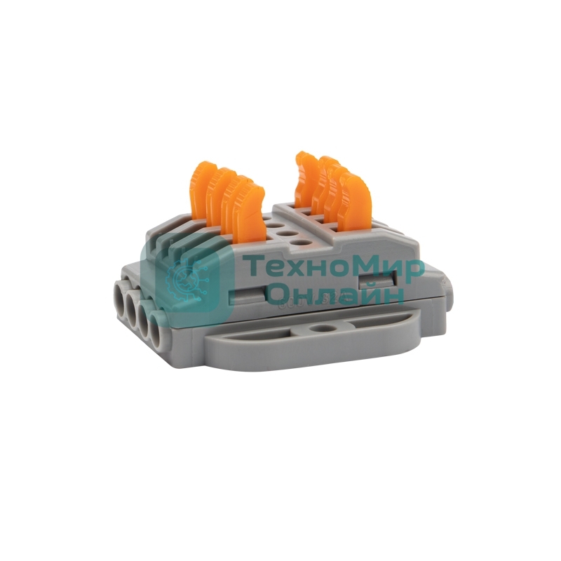 Клемма СМК Rexant проходная 4 полюса, с монтажной площадкой (0,08-4 мм²), серый (блистер 5 шт./уп.)