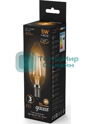 Лампа светодиодная филаментная Gauss 5Вт цок.: E14 свеча 220B 2700K св. свеч. бел.теп. C37 (упак.: 10 шт) (103801105)