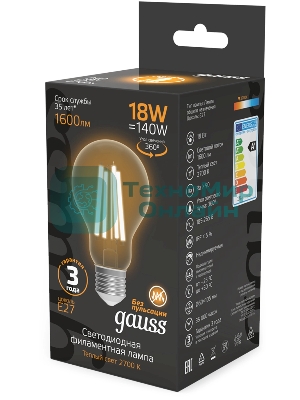 Лампа светодиодная филаментная Gauss Filament 18Вт цок.:E27 груша св.свеч.бел.теп. (упак.:10шт)