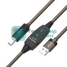 Кабель активный GCR 5.0m USB 2.0, AM/BM, черно-прозрачный, с усилителем сигнала, разъем для доп.питания, 28/24 AWG