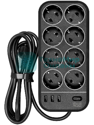 Сетевой фильтр Powercom SP-08 USB03AB 1,8 m 1.8м, 8 розеток, черный, коробка