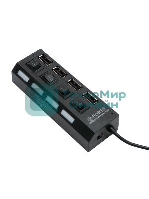 Разветвитель USB2.0 Gembird 4xUSB, блок питания 2А, подсветка и выкл, кабель USB 55 см, черный