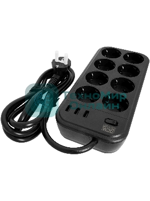 Сетевой фильтр Powercom SP-08 USB03AB 1,8 m 1.8м, 8 розеток, черный, коробка