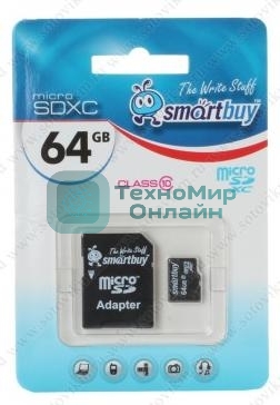 Флеш карта Smartbuy MicroSDHC 64Gb Class10 + адаптер(Флеш карта Smartbuy microSDHC 64Gb Class 10 SB64GbSDCL10-01 + adapter; SB64GbSDCL10-01; черный)