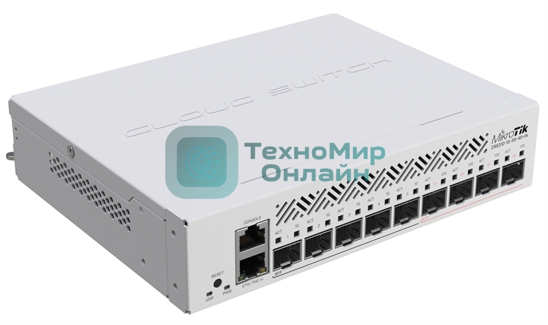 Коммутатор MikroTik Cloud Router Switch CRS310-1G-5S-4S+IN with 800 MHz CPU, 256 MB RAM, 4xSFP+, 5xSFP cages, 1xGbit LAN port, RouterOS L5, desktop case, rackmount ears, PSU