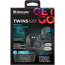 Наушники TWS Defender Twins 639 черный, внутриканальные, Bluetooth, до 4 ч