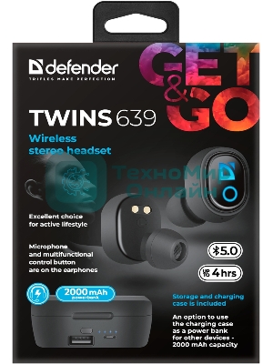 Наушники TWS Defender Twins 639 черный, внутриканальные, Bluetooth, до 4 ч