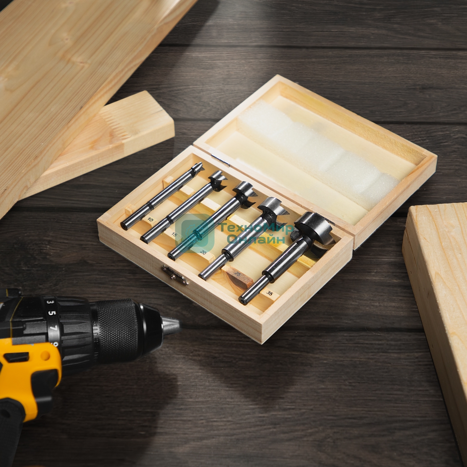 Набор сверл Форстнера по дереву Sparta 10-15-20-25-35 мм, 5 шт, в дерев. боксе, цилин. хвостовик