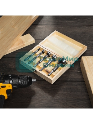 Набор сверл Форстнера по дереву Sparta 10-15-20-25-35 мм, 5 шт, в дерев. боксе, цилин. хвостовик