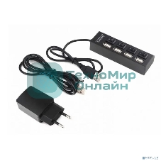 Разветвитель USB2.0 Gembird 4xUSB, блок питания 2А, подсветка и выкл, кабель USB 55 см, черный