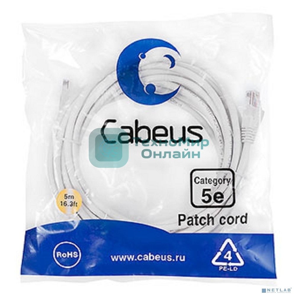 Шнур комм. Cabeus, Cat.5e, неэкр., U/UTP, RJ45/RJ45, LSZH, AWG24, 5м, белый