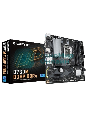 Материнская плата Gigabyte B760M D3HP DDR4, LGA 1700, Intel B760, 4xDDR4, 4xSATA, 2xM.2, 1xPCIe 4.0 x16, 2xPCIe x1, 1xHDMI, 1xVGA, 1xDP, 1x 1Gb LAN, 3xUSB-A 3.2 Gen 1, 2xUSB-A 2.0, 3x3.5 мм, 7.1, mATX