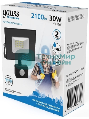 Прожектор светодиодный Gauss Elementary LED 30W 2100lm IP65 6500К с датчиком движения