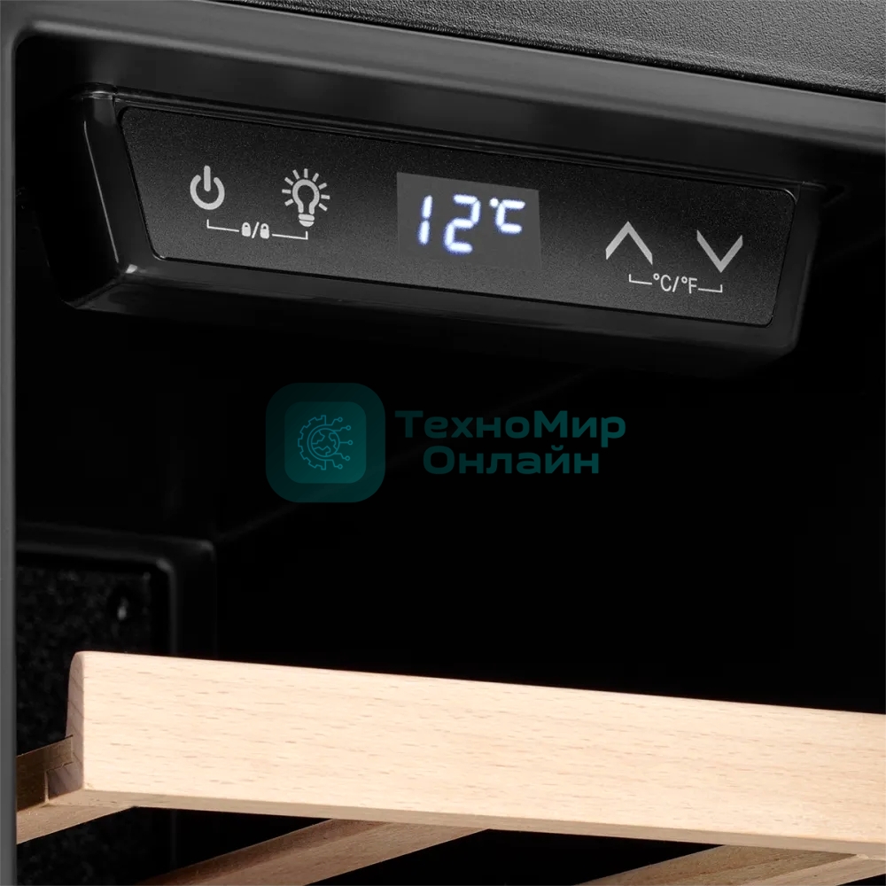 Винный шкаф Kuppersberg RSW 81, отдельностоящий, High-Tech, объем 45 л, вместимость 12 бутылок, диапазон температуры 5-20 градусов, механическое открытие двери, 5 полок из бука, LCD дисплей, уровень шума 38 дБ, черный