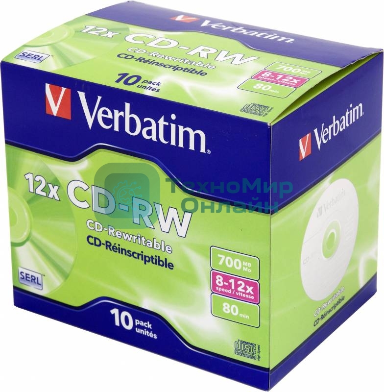 Диск CD-RW Verbatim 700Mb 12x Jewel case (10шт) (43148)