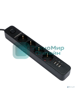 Сетевой фильтр Гарнизон 2.0 Мультипорт EPS-4-U3-B-2, 4 р, 10А, 3xUSB, 2 м, ур.защиты 2+, черный, пакет