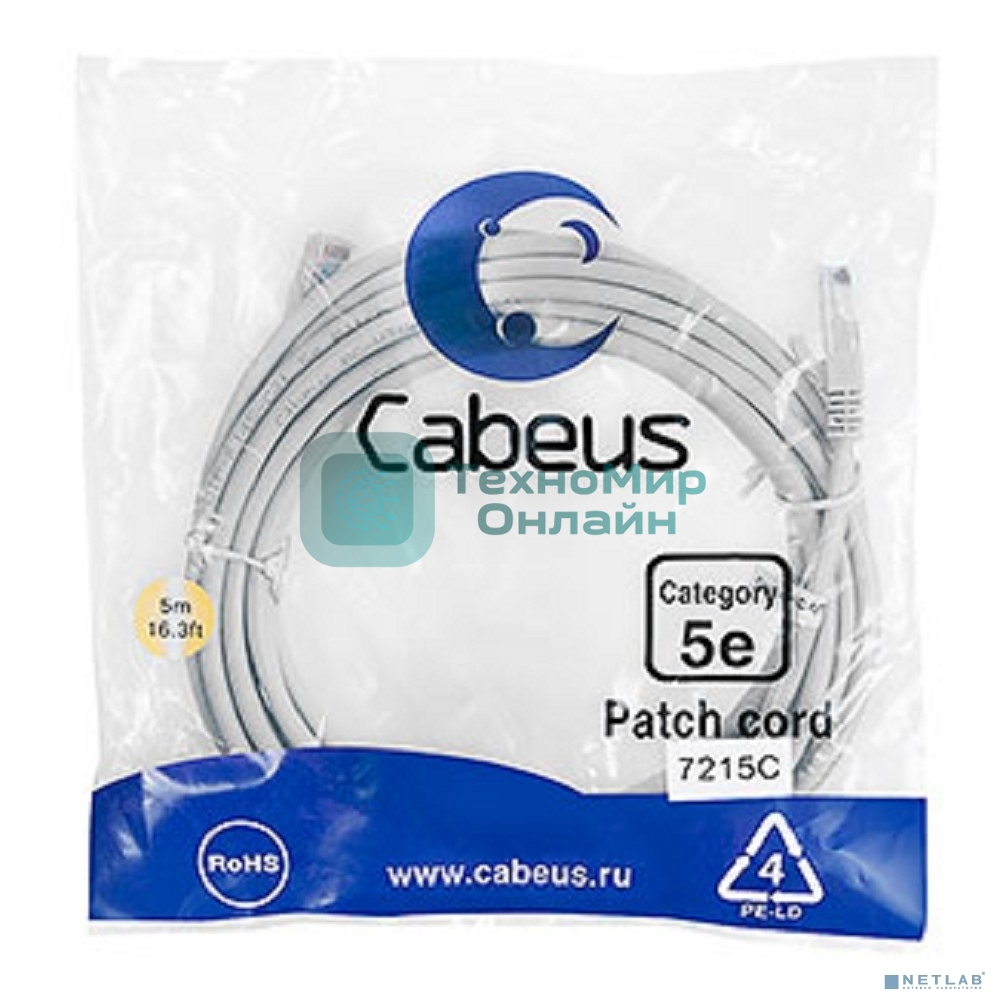 Патч-корд Cabeus PC-UTP-RJ45-Cat.5e-5m U/UTP, cat.5е, 2xRJ45/8p8c, неэкранированный, серый, PVC, 5м