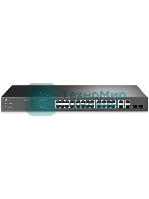 Коммутатор сетевой JetStream 24-port 10/100Mbps + 4-port Gigabit L2 Smart Switch with 24-port PoE+, PoE budget up to 250W, support PoE power management, with abundant L2 features,1U rack mountable, full managed via web UI/CLI/SSH/Telnet/SNMP
