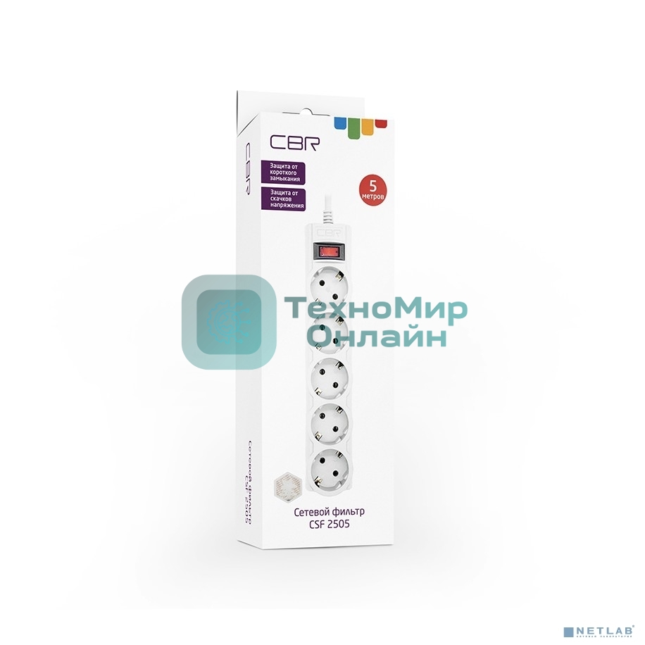 Сетевой фильтр CBR CSF 2505-5.0 White CB, 5 евророзеток, длина кабеля 5 метров, цвет белый, коробка