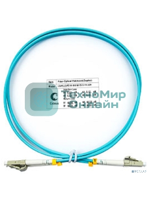 Комм. шнур оптический Cabeus Tight Buffer, Duplex LC/LC, OM3 50/125, LSZH, 1м, d= 3мм, серый хвостовик, аква