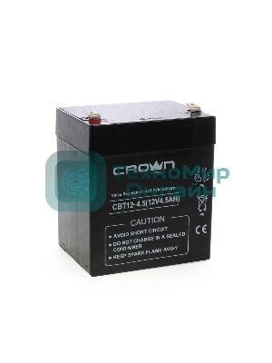 Батарея для ИБП CROWN CBT-12-4.5, напряжение 12В, емкость4,5 А/Ч, размеры (мм)90х70х101, вес 1,48 кг, тип клеммы - F2, тип АКБ - свинцово кислотная с загущеным электролитом в гель, срок службы 6 лет