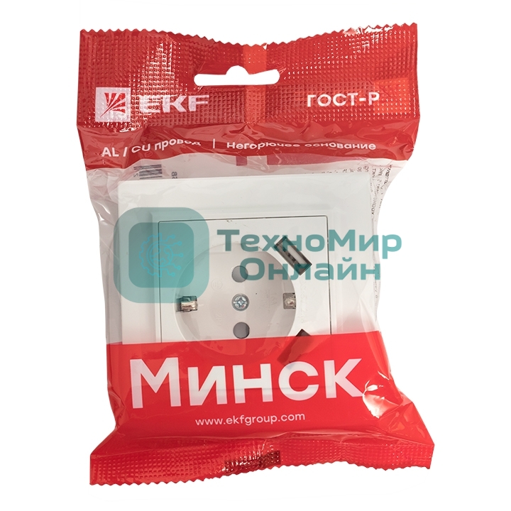 Розетка 1-местная СП с/з 16А белая с защ. штор. с 2 USB 2,1А EKF Минск