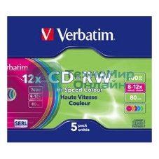 Диск CD-RW Verbatim 700Mb 12x Slim case (5шт) Color (43167)