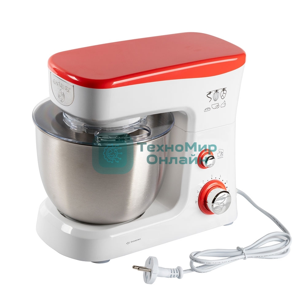 Миксер стационарный Endever Sigma-25, 1000 Вт., планетарный, многофункциональный, стальная чаша 3,5 л., регулировка скорости, белый/красный