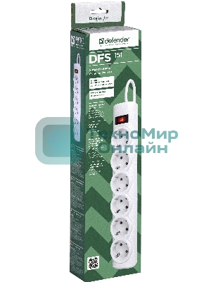 Сетевой фильтр Defender DFS 151 1,8 м, белый, 6 розеток