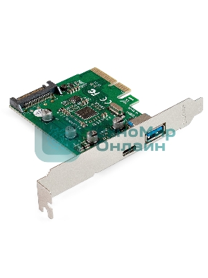 Контроллер ExeGate EXE-320-1A1C (PCI-E x4 v3.0, USB3.2 Gen2 1xType-A + 1xType-C ext., SuperSpeed+ скорость до 10 Гбит/с, разъем доп.питания, ASMedia Chipset ASM1142)