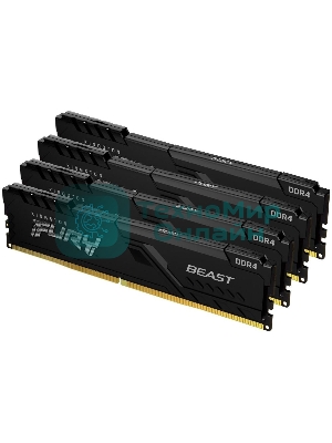 Оперативная память Kingston Fury Beast, DDR4, 64GB (4x16GB), 3200MHz, CL16, DIMM, радиатор, черный