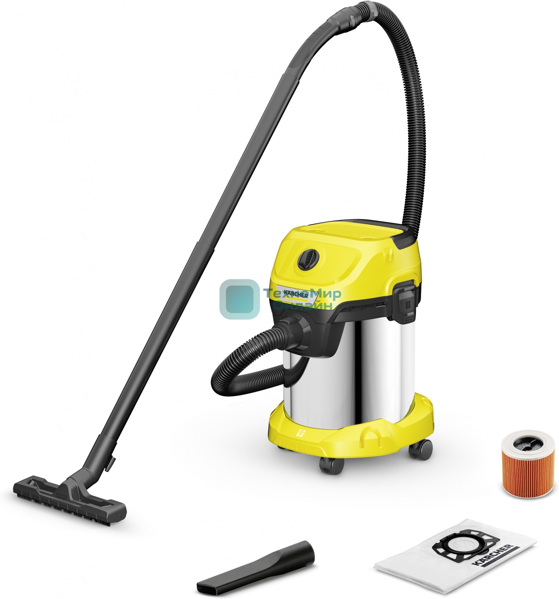 Строительный пылесос Karcher WD 3 S V-17/4/20 желтый, 1000 Вт, уборка сухая/сбор воды, пылесборник мешок/контейнер, 17 л