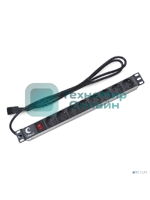 Блок силовых розеток Cabeus, Shuko х 8, вход IEC 320 C14, для шкафов, шнур 2 м, 50х490х50 мм (ВхШхГ), 10А, выключатель, черный