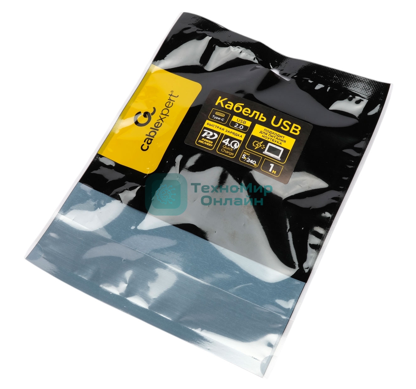 Кабель USB2.0 Cablexpert ССP-USB2.0-240W-1M Type-C/Type-C, 5А, 240Вт, PD3.1/QC4.0, медь, алюминиевые коннекторы, оплетка, 1м, черный, пакет