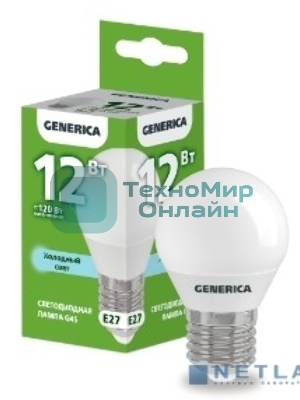 Лампа светодиодная G45 шар 12Вт 230В 6500К E27 GENERICA