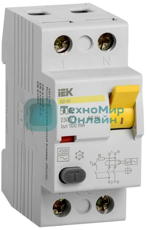 Выключатель дифференциального тока (УЗО) 2п 50А 100мА тип AC ВД1-63 IEK MDV10-2-050-100