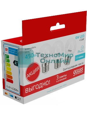 Лампа светодиодная Gauss Elementary 53226T 6Вт цок.: E27 шар 180B 4100K св. свеч. белый. нейт. (упак.: 3 шт)
