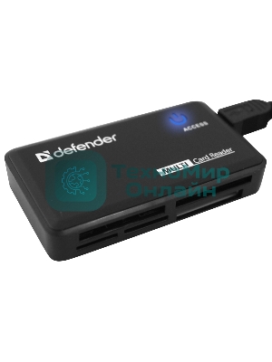 Кард-ридер Defender Optimus/черный/CF/MMC/MS/MS Duo/MS Micro M2/MS Pro/MS Pro Duo/RS-MMC/SD/SDHC/micro-SD/mini-SD/miсro-SDHC/USB 2.0 A(M)/черный
