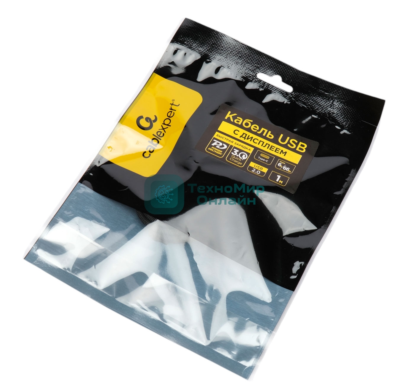 Кабель USB2.0 Cablexpert CCP-USB2-CMCM-SCR-1M, Type-C/Type-C, 6A, 66Вт, PD/QC3.0, дисплей, оплетка, медь, 1м, черный, пакет