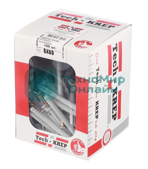 Дюбель-гвоздь 6х60 с потайной манжетой полипропилен (уп. 40 шт) коробка Tech-Krep 112712