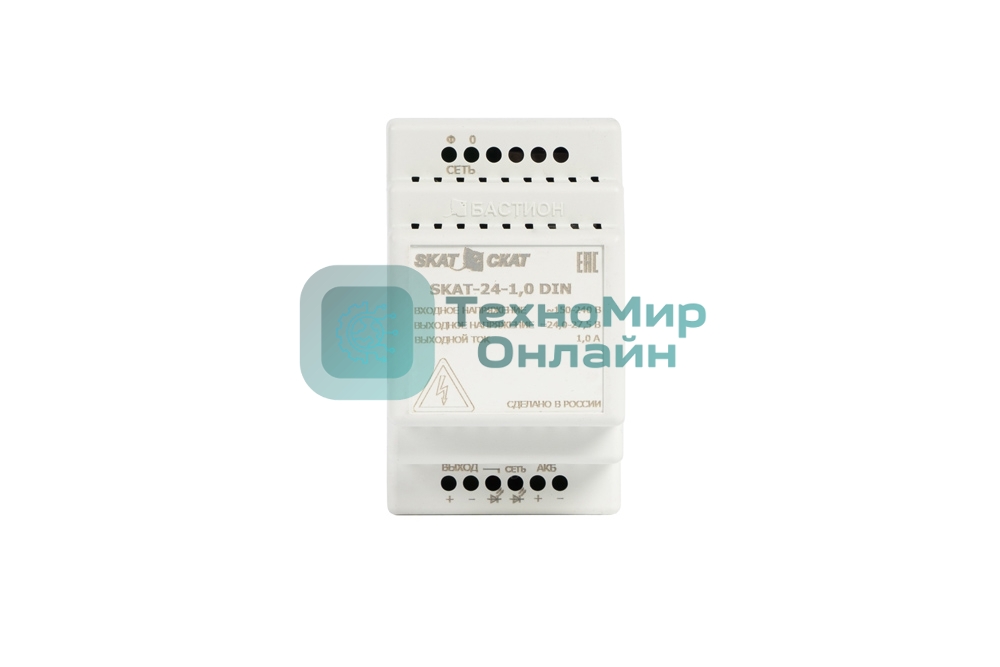 Источник питания SKAT-24-1.0 DIN 24В 1,3А АКБ внеш. 2х4,5-12Ач ток заряда 1,0–Iнагр. SKAT-24-1.0 DIN power supply 24V 1.3A battery ext. 2х4.5-12Ah charge current 1.0 – Iload.