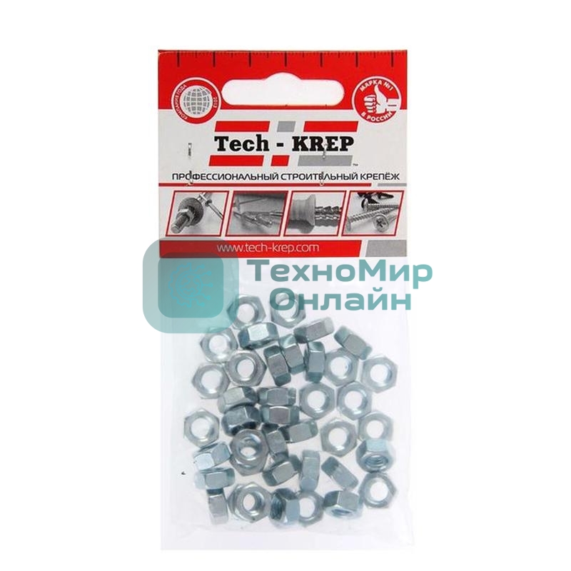 Гайка шестигранная М6 цинк. DIN 934 (уп. 40 шт) пакет Tech-Krep 103025