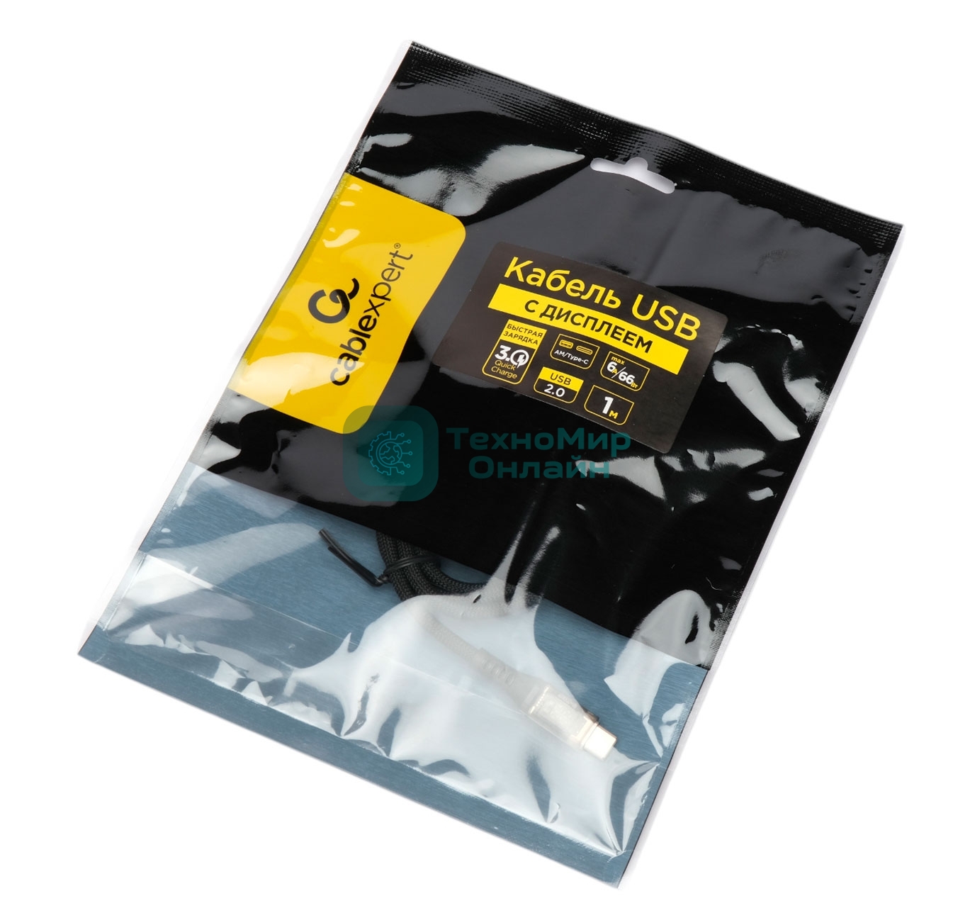 Кабель USB2.0 Cablexpert CCP-USB2-AMCM-SCR-1M, AM/Type-C, 6A, 66Вт, QC3.0, дисплей, оплетка, медь, 1м, черный, пакет