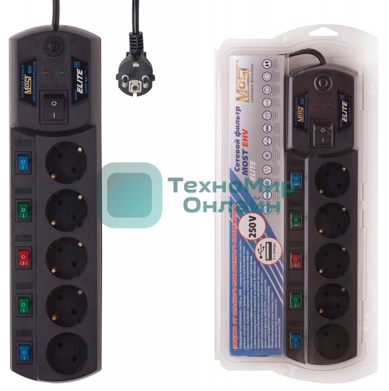Сетевой фильтр Most EHV 2м, 5 розеток, черный, коробка
