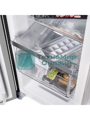 Холодильник Maunfeld MFF177NFSB черный глянц. двухкамерный 263/170л морозилка сбоку, No Frost, Side by Side