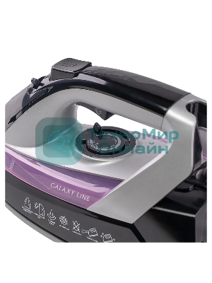 Утюг Galaxy Line GL 6128, фиолетовый с черным, паровой, 2200 Вт, постоянный пар 30 г/мин, паровой удар 140 г/мин, функции: самоочистка, антикапля, антинакипь, функция увлажнения, вертикальное отпаривание, защита от перегрева, индикатор нагрева, керамическое покрытие подошвы, резервуар для воды 170 мл