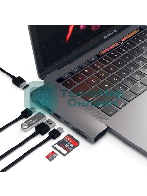 USB-концентратор Satechi Aluminum Pro Hub для Macbook Pro (USB-C). Порты: HDMI, Thunderbolt 3, USB Type-C, SD, microSD, 2 x USB 3.0. серый космос.