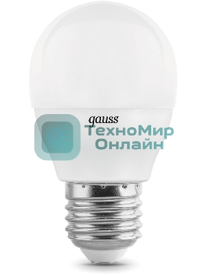 Лампа светодиодная Gauss 7Вт цок.: E27 шар 220B 3000K св. свеч. белый теп. (упак.: 10 шт)